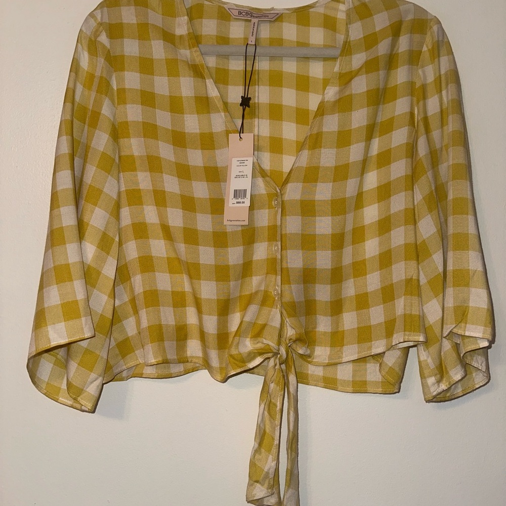 BCBG Yellow Gingham Button-Down Blouse